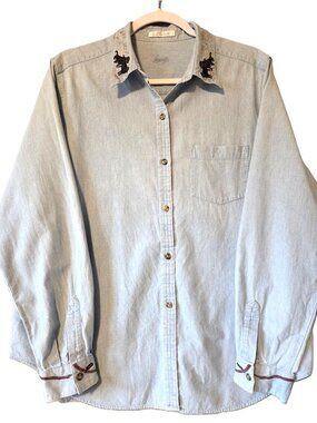 Foxcroft Black Dog Embroidered Denim Shirt Size 16